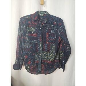 Ralph Lauren Button Down Shirt Patchwork Printed Petite Small Roll Sleeve